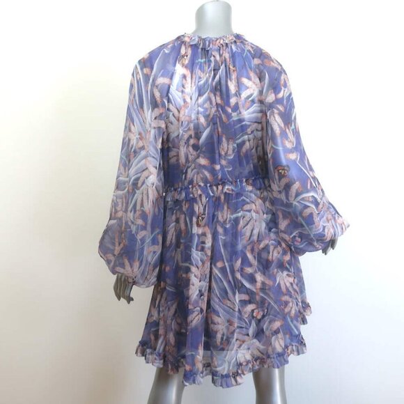 Zimmermann Botanica Tie-Neck Blouson Sleeve Dress Purple Floral Chiffon Size 1 - Picture 6 of 8